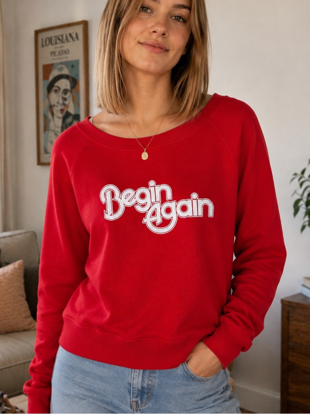 The Bee & The Fox Begin Again Red Retro Graphic Sweatshirt Medium